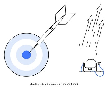 Bullseye target with arrow hitting the center, next to rising graph arrows and briefcase. Ideal for business strategies, goal setting, success measurement, career growth, achieving targets