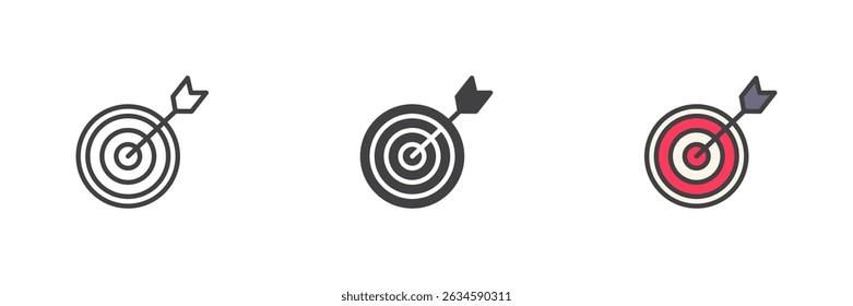 Bullseye Target different style icon set. Line, glyph and filled outline colorful version, outline and filled vector sign. Achieving financial goals symbol, logo illustration. Vector graphics