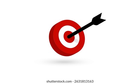 Alvo alvo alvo atingido por seta preta simbolizando sucesso, foco, realização de objetivo, precisão de marketing. Útil para negócios, start-ups, conceitos de planejamento. Ilustração vetorial.