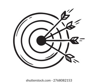 Bullseye target hit by multiple arrows representing achievement and team success, crisp circular target with concentric rings and arrow flights, highcontrast line art, motivation and strategic focus
