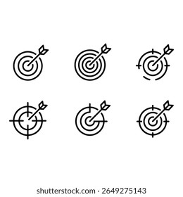 Bullseye Target Icons Seis variações de seta atingindo o centro minimalista linha arte conceito de sucesso