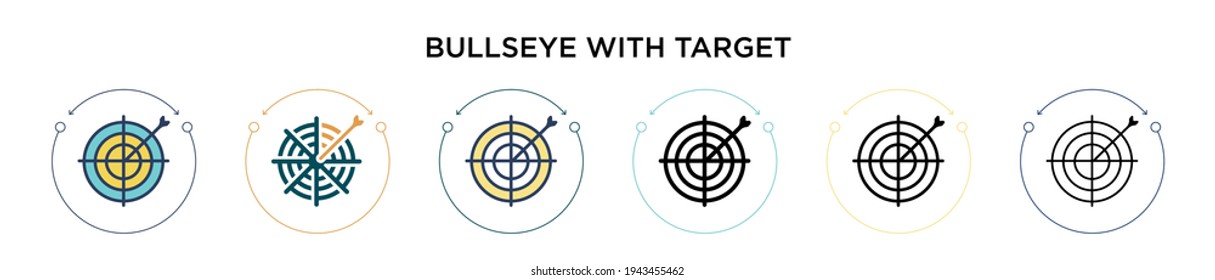 Bullseye with target symbol icon in filled, thin line, outline and stroke style. Vector illustration of two colored and black bullseye with target symbol vector icons designs can be used for mobile, 