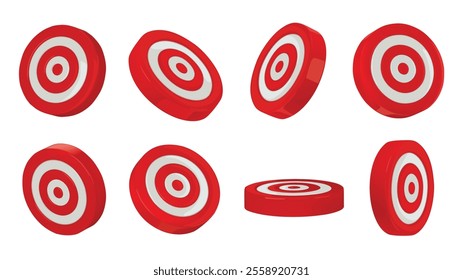 Bullseye targets. Shooting target disc, dartboard icons and circular red and white archery aim symbols various 3D angles isolated vector illustration set.