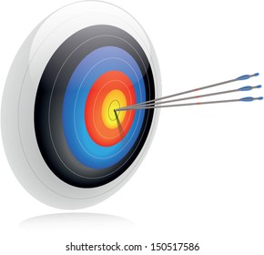 Bulls-eye. Three arrows in the center of an archery target to convey success and accuracy. To be on-target.