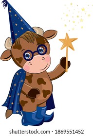 Bull-wizard. Stargazer cow on a white isolated background. Vector illustration
