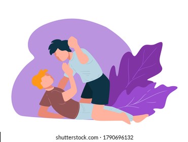 Bully attacking weak boy victim, aggressive teenager behavior. Bullying personage hitting face of small kid. School problems or arguments at home, problematic children conflict, vector in flat style