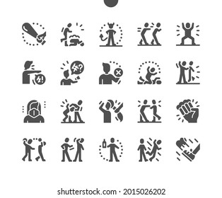 Bully. Schlechter Kerl. Mobbing. Kämpfe und Provokationen. Menschen haben Probleme, motiviert, deprimiert, Aggression, traurig. Schatz! Vektor-Solid-Symbole. Einfaches Piktogramm