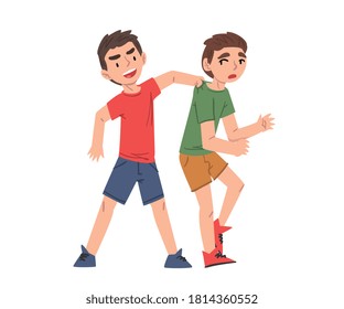 Bully Boy Attacking Sad Weaker Boy, Mockery and Bullying at School Problem Cartoon Style Vector Illustration