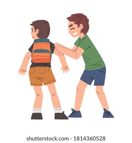 Bully Boy Attacking Weaker, Mockery and Bullying at School Problem Cartoon Style Vector Illustration