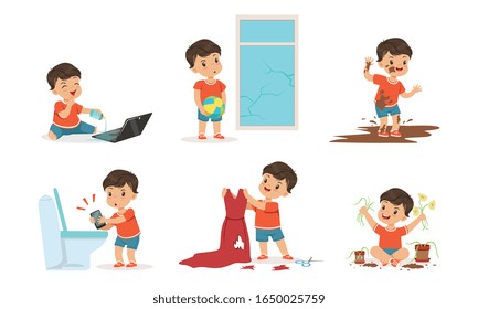 Bully Boy in Different Situations Set, Funny Hoodlum Little Kid, Bad Child Behavior Vector Illustration on White Background