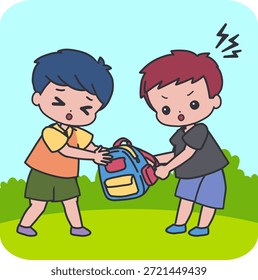 Bully Boy packt Rucksack Kinder Konflikt. Perfekt für Lehrmaterialien, Aufklärungskampagnen, Schulplakate und Themen zum Verhalten von Kindern.