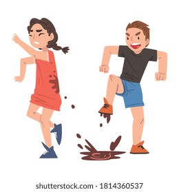 Bully Boy Jumping into Puddle and Dirtying Upset Girl, Mockery and Bullying at School Concept Cartoon Style Vector Illustration