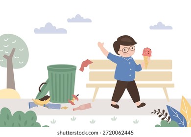 Muchacho matón tirado en el parque. Mala costumbre. Los niños tienen un comportamiento agresivo e incontrolable. Basura en el parque. Ilustración vectorial de dibujos animados