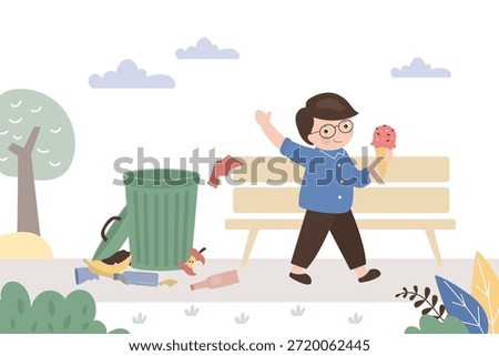 Bully boy littering in the park. Bad habit. Kids aggressive uncontrollable behavior. Trash garbage in park. Cartoon vector illustration