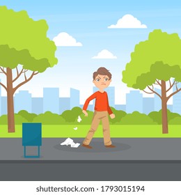 Bully Boy Littering in the Park, Kids Aggressive Uncontrollable Behavior Cartoon Vector Illustration