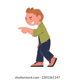 Bully boy mocking at someone pointing with his finger, bad child behavior, bullying cartoon vector illustration