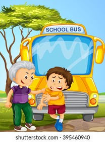 Bully boy picking on other boy in school bus illustration