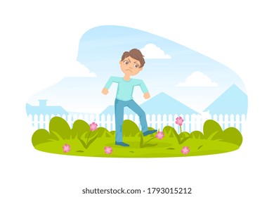 Bully Boy Treading Down Flowers in Meadow, Kids Aggressive Behavior Cartoon Vector Illustration