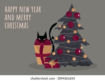 A Bully Cat Tries To Knock Over A Christmas Tree. New Year, Vector Illustration For Christmas. Pets. A Traditional Winter Holiday. Merry Christmas. Gifts Under The Christmas Tree.