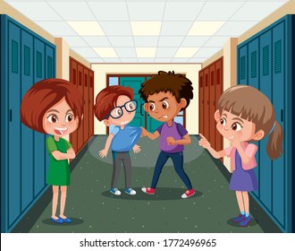 Bully child with bad behavior bullying the boy wearing glasses in the school illustration