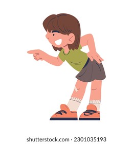 Bully girl mocking at someone smiling maliciously and pointing with her finger, bad child behavior, bullying cartoon vector illustration