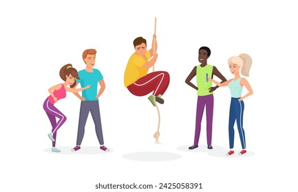 bully group of students laughing at sad lonely scared boy in school gym vector illustration