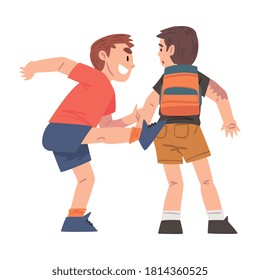 Ilustración vectorial con un niño débil que patea a tientas, burlas y acoso escolar con problemas caricaturistas