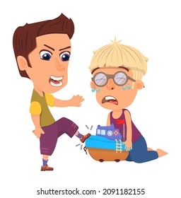 Bully kid. Child bad behavior. Boy attacking other kids.