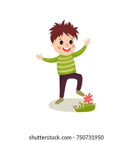 Bully kid playing on green lawn and treading flowers, cartoon character of naughty boy