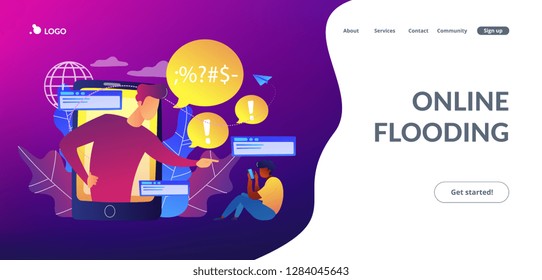 Bully in smartphone harassing, threatening and intimidating upset victim online. Cyberbullying, online flooding, social network harassment concept. Website vibrant violet landing web page template.