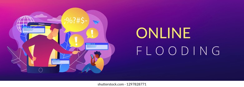 Bully in smartphone harassing, threatening and intimidating upset victim online. Cyberbullying, online flooding, social network harassment concept. Header or footer banner template with copy space.