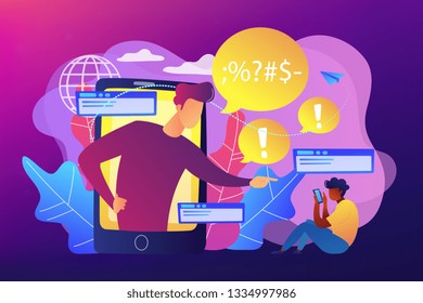 Bully in smartphone harassing, threatening and intimidating upset victim online. Cyberbullying, online flooding, social network harassment concept. Bright vibrant violet vector isolated illustration