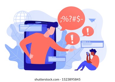 Bully in smartphone harassing, threatening and intimidating upset victim online. Cyberbullying, online flooding, social network harassment concept. Pinkish coral bluevector isolated illustration