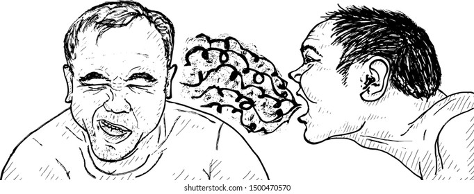 A bully verbally harassing another man. Hand drawn vector illustration. 