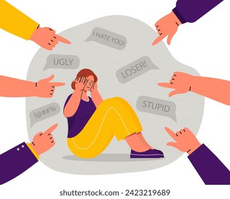 Bullyed Women Konzept. Fingers zeigen auf trauriges Mädchen. Einsamkeit, Frustration und Depression. Charaktere mit psychischen Problemen nach Aggression und psychischem Missbrauch. Cartoon-Flavektor-Vektorgrafik