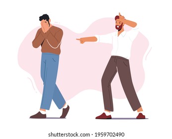 Bullying, Abuse Concept. Hater Laughing on Man Showing Loser Gesture. Male Character Crying Covering Face with Hands after Being Bullied and Called Offensive Names. Cartoon People Vector Illustration