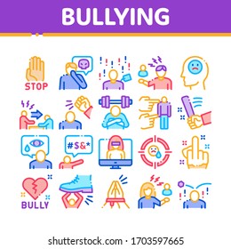 Bullying Aggression Collection Icons Set Vector. Internet Bullying And Name-calling, Beating And Showing Indecent Gesture Concept Linear Pictograms. Color Illustrations