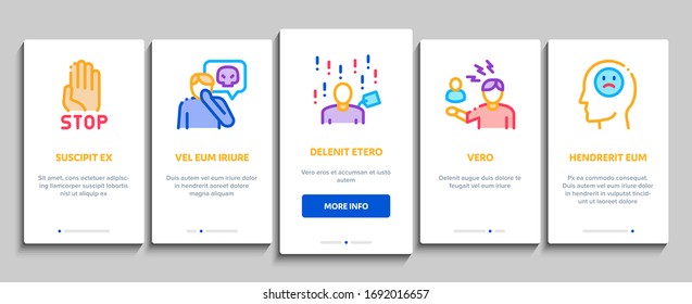 Bullying Aggression Onboarding Mobile App Page Screen Vector. Internet Bullying And Name-calling, Beating And Showing Indecent Gesture Color Contour Illustrations