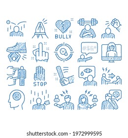 Bullying Aggression sketch icon vector. Hand drawn blue doodle line art Internet Bullying And Name-calling, Beating And Showing Indecent Gesture Illustrations