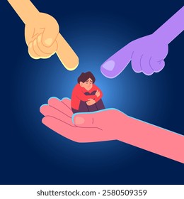 Bullying. big hands pointing on little afraid person concept illustration in vector style