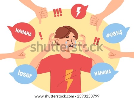 Bullying boy concept. Young guy crying from insults. Frustration, loneliness and depression. Negative emotions and feelings. Cartoon flat vector illustration isolated on white background