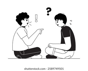 Bullying by friends causes feelings of inferiority, black and white outline style, social issues vector illustration.