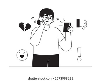 Bullying carried out on social media can cause mental stress, black and white semi outline style, vector illustration.
