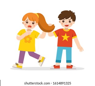 Bullying children. Angry boy pulling girl's hair. She grabs her head with an open mouth look of shock and pain.  Problem of Physical bullying at school. Sad moment.