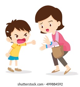 bullying children.Boy angry shouting with mother.Boy Shouting At Her Mom on white background cartoon vector illustration.