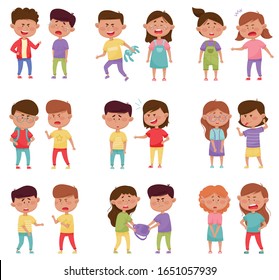 Bullying Children Characters Abusing and Treating Badly Another Kids Vector Illustrations Set