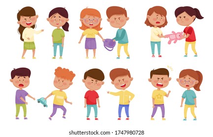 Bullying Children Characters Abusing and Treating Badly Another Kids Vector Illustrations Set