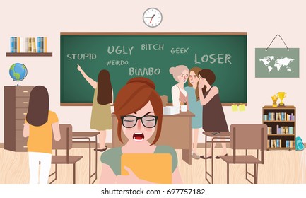 bullying in class room school between friends young female standing crying sadness pressure by classmates