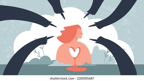 Bullying Concept Banner. Scared Teen Girl And Hands Pointing At Her, Cyberbullying, Teenage Trauma, Social Rejection. Vector Flat Cartoon Illustration, Psychological Support.