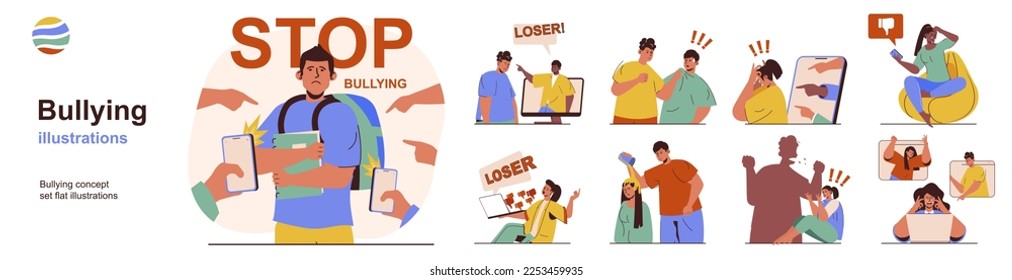 Bullying concept with character situations collection. Bundle of scenes people exposed to abuse and violence, toxic communication at school, work and Internet. Vector illustrations in flat web design